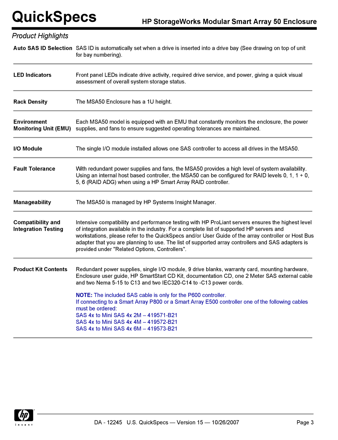 HP MSA50 Auto SAS ID Selection, LED Indicators, Rack Density, Environment, Monitoring Unit EMU, Module, Fault Tolerance 