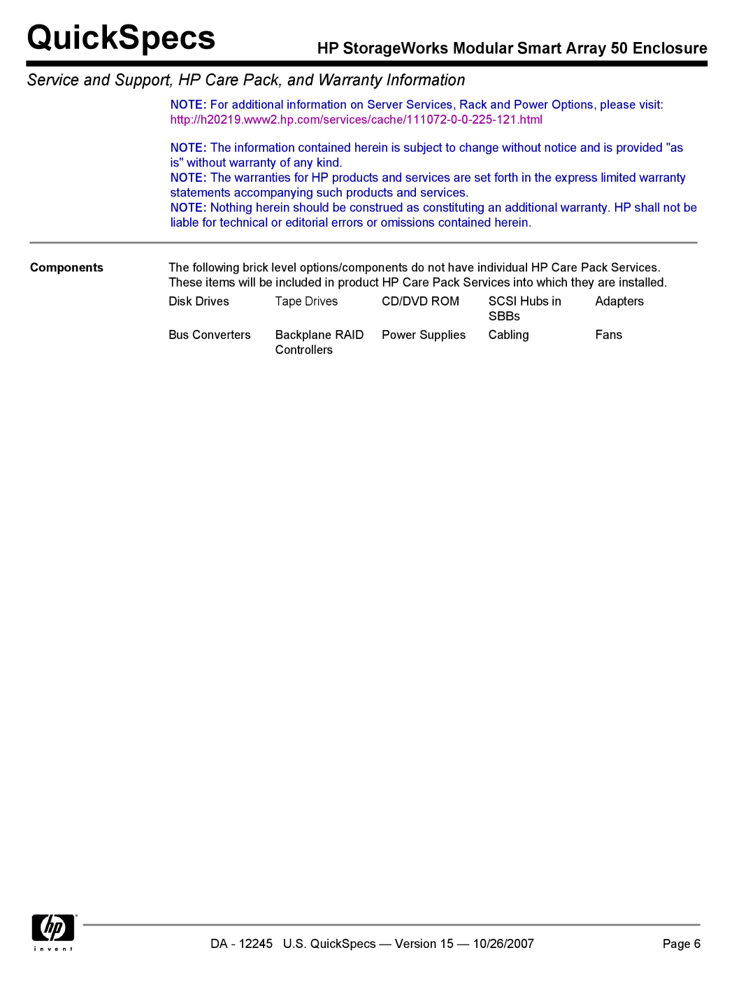 HP MSA50 manual Components, Cd/Dvd Rom 