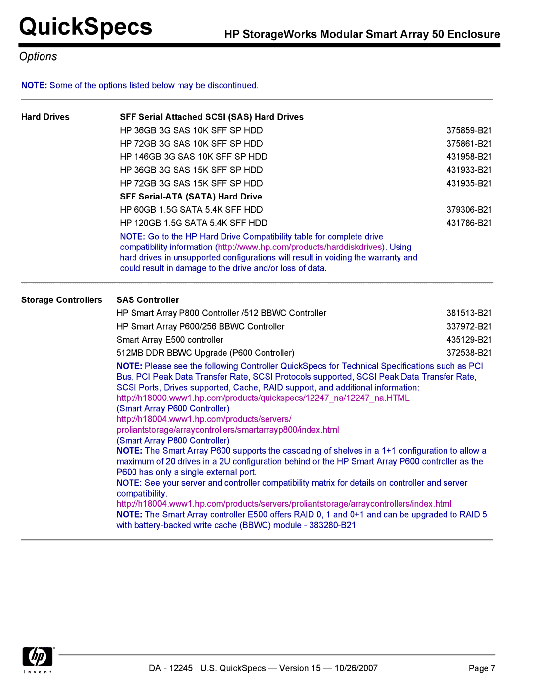 HP MSA50 manual Options, Hard Drives SFF Serial Attached Scsi SAS Hard Drives, SFF Serial-ATA Sata Hard Drive 