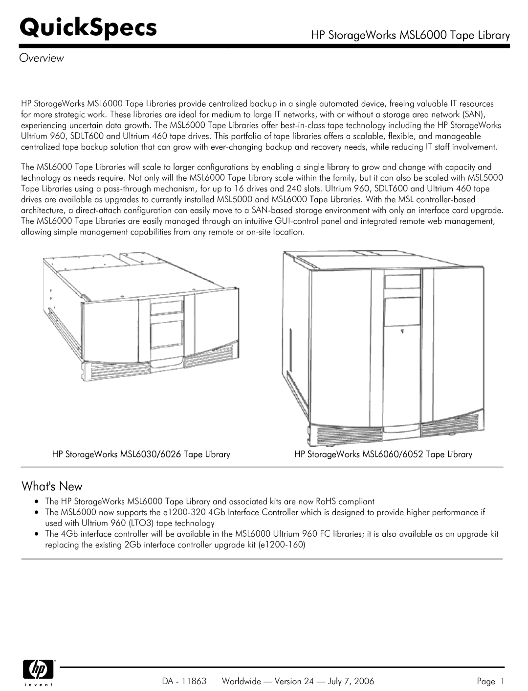 HP MSL6000 manual QuickSpecs, Overview 