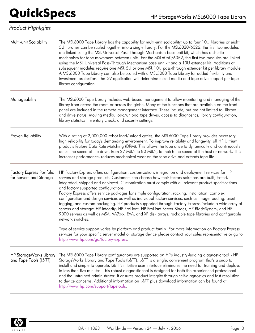 HP MSL6000 manual Product Highlights, Multi-unit Scalability, Manageability, Proven Reliability, Tape Tools L&TT 