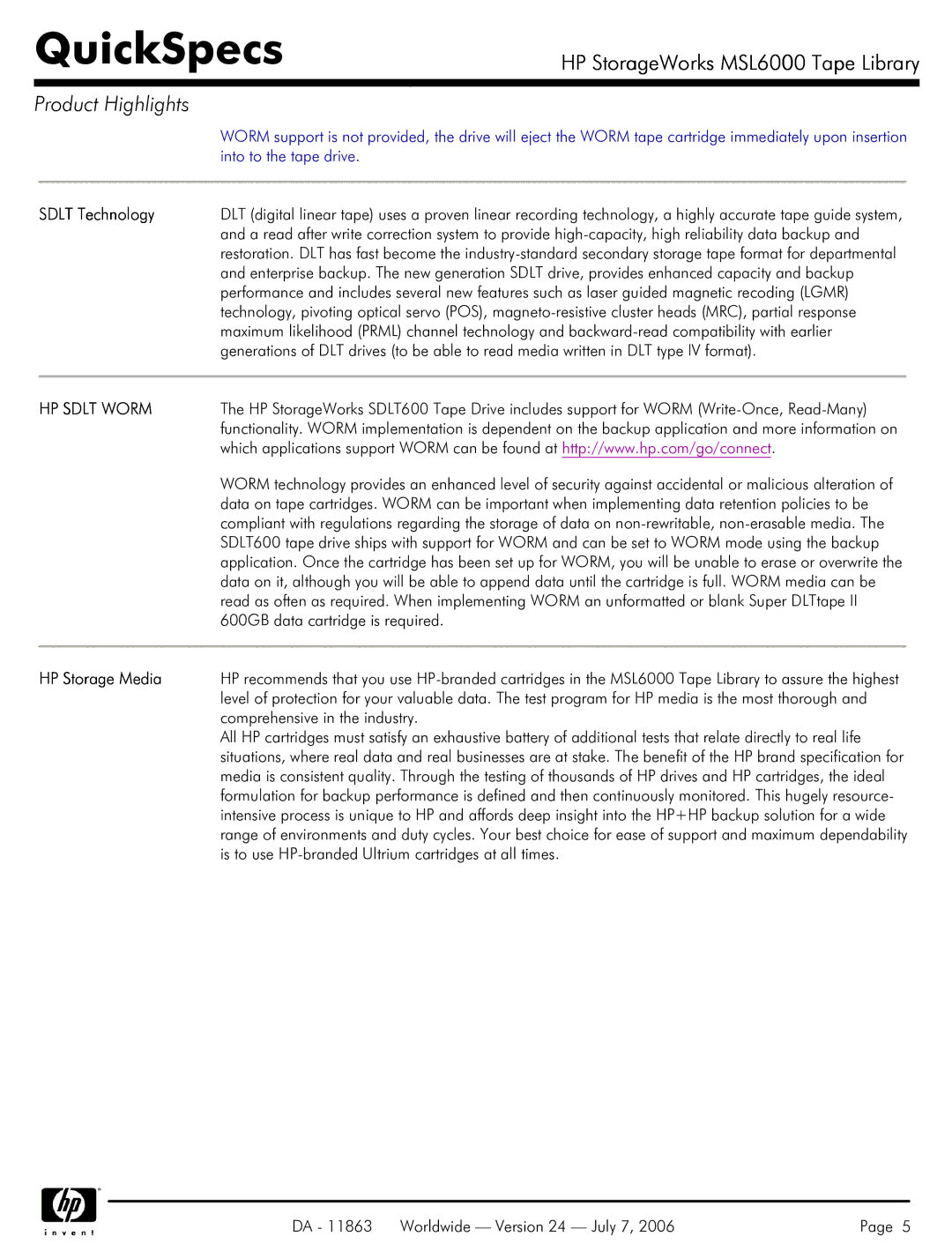 HP MSL6000 manual Sdlt Technology, HP Storage Media 
