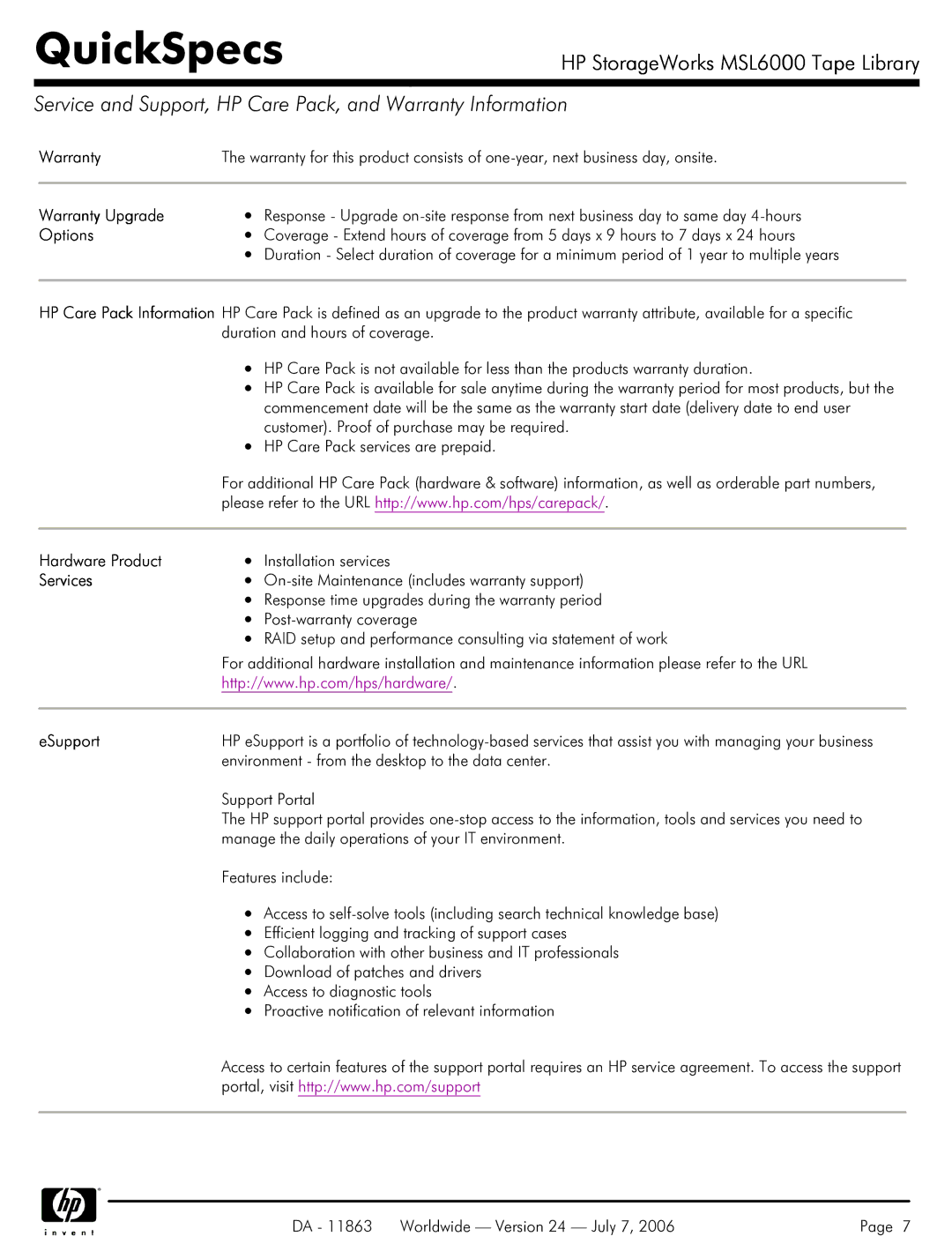 HP MSL6000 manual Service and Support, HP Care Pack, and Warranty Information 