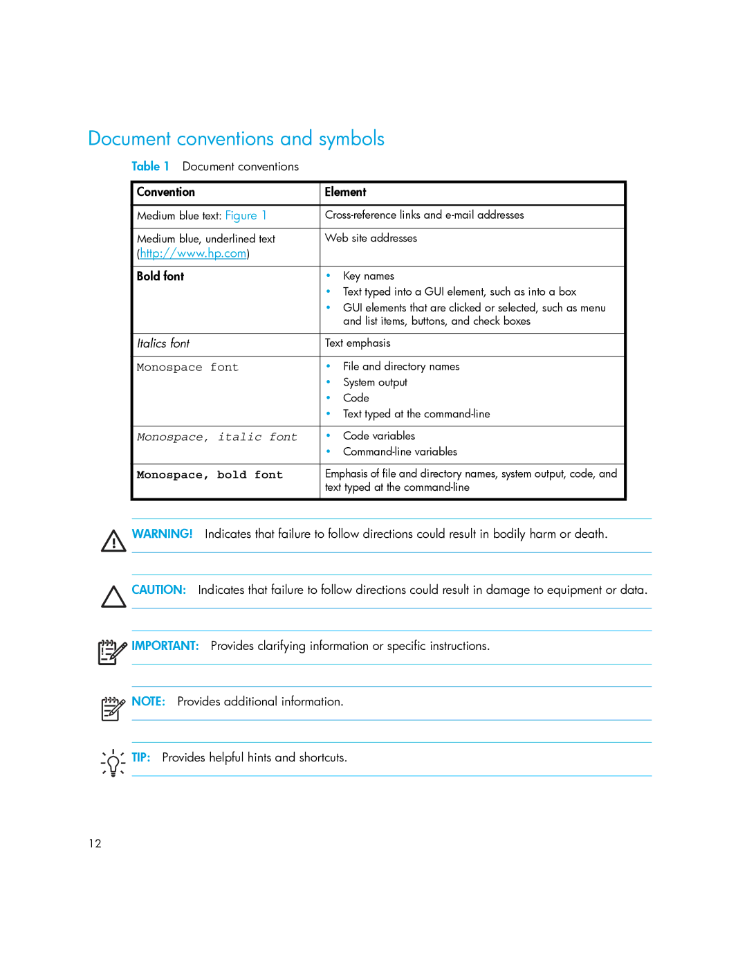 HP MSL6000 manual Document conventions and symbols, Document conventions Convention Element 