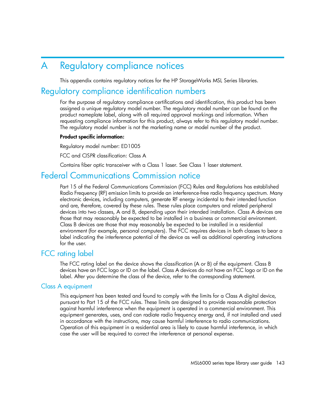 HP MSL6000 manual Regulatory compliance notices, Regulatory compliance identification numbers, FCC rating label 