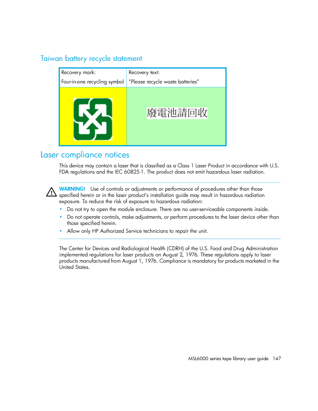 HP MSL6000 manual Laser compliance notices, Taiwan battery recycle statement 