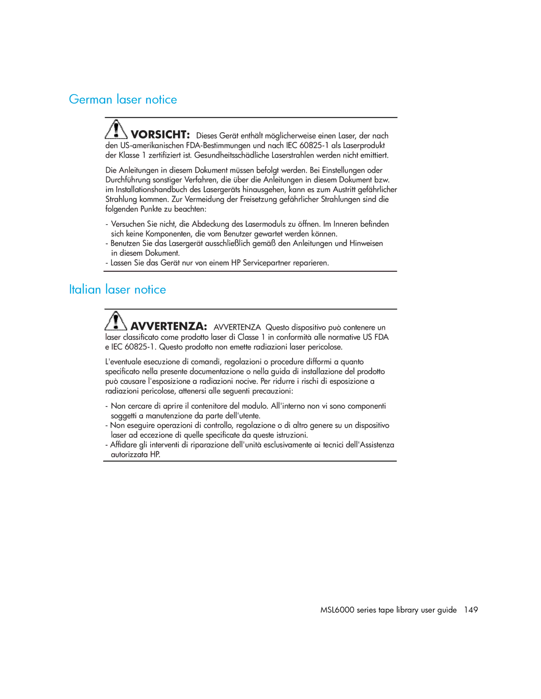 HP MSL6000 manual German laser notice, Italian laser notice 