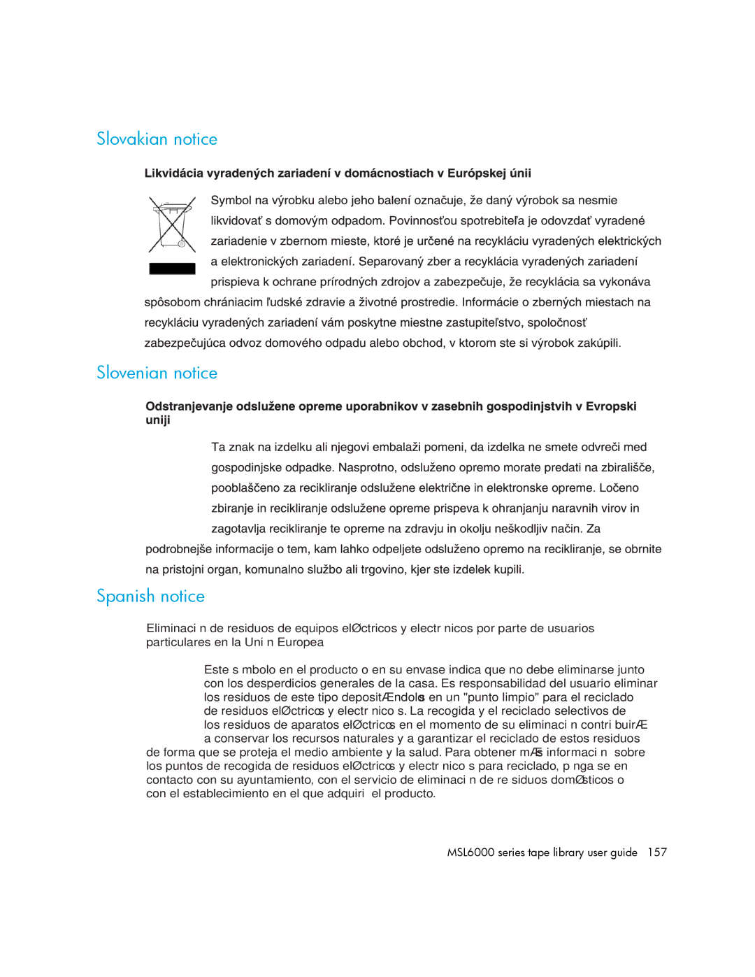 HP MSL6000 manual Slovakian notice Slovenian notice Spanish notice 