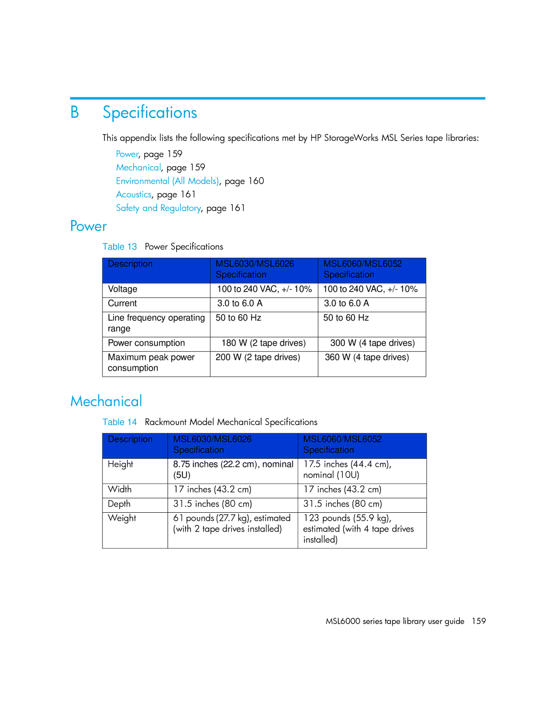 HP MSL6000 manual Specifications, Power, Mechanical 