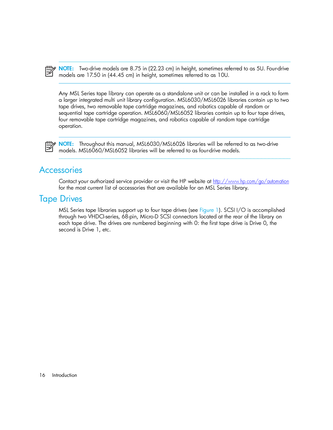 HP MSL6000 manual Accessories Tape Drives 