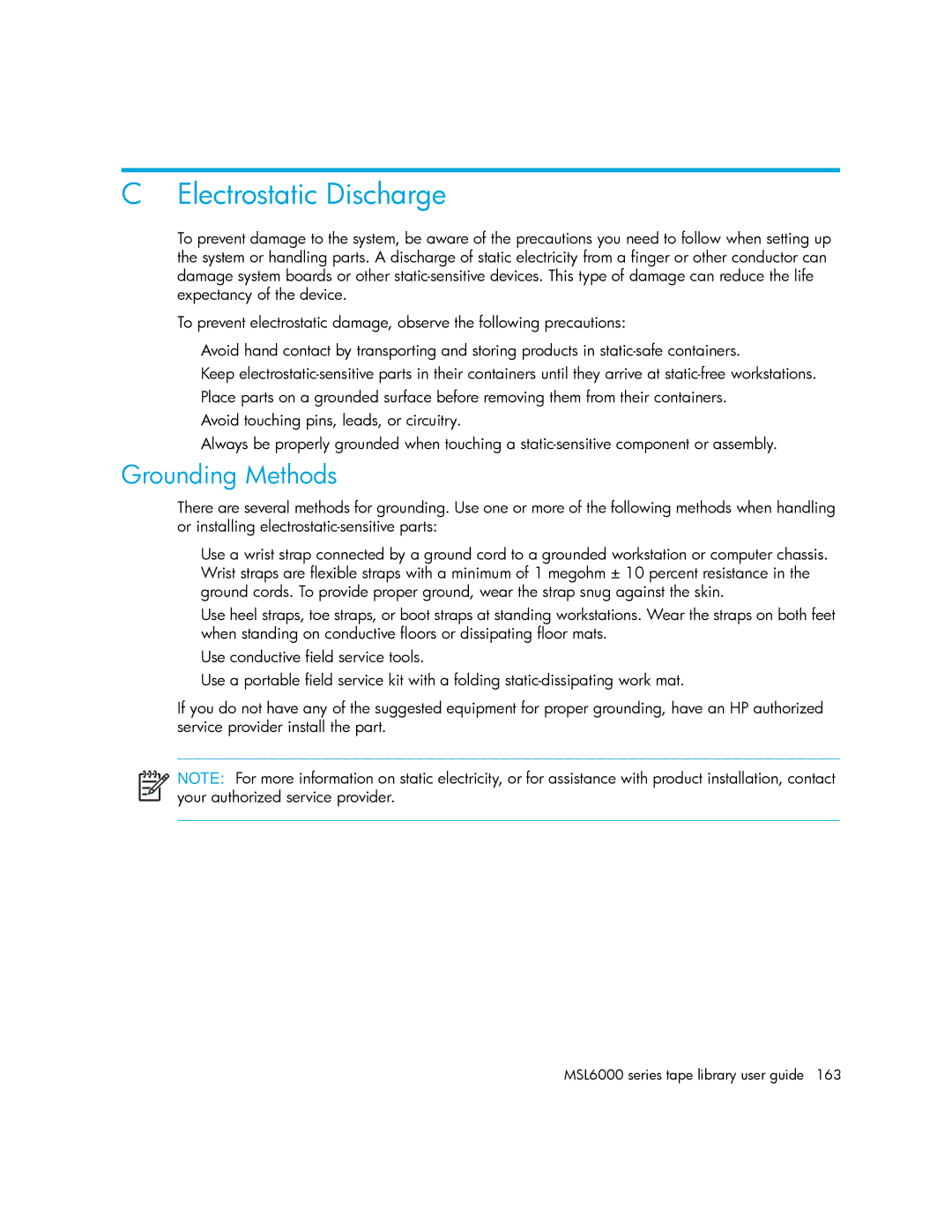 HP MSL6000 manual Electrostatic Discharge, Grounding Methods 