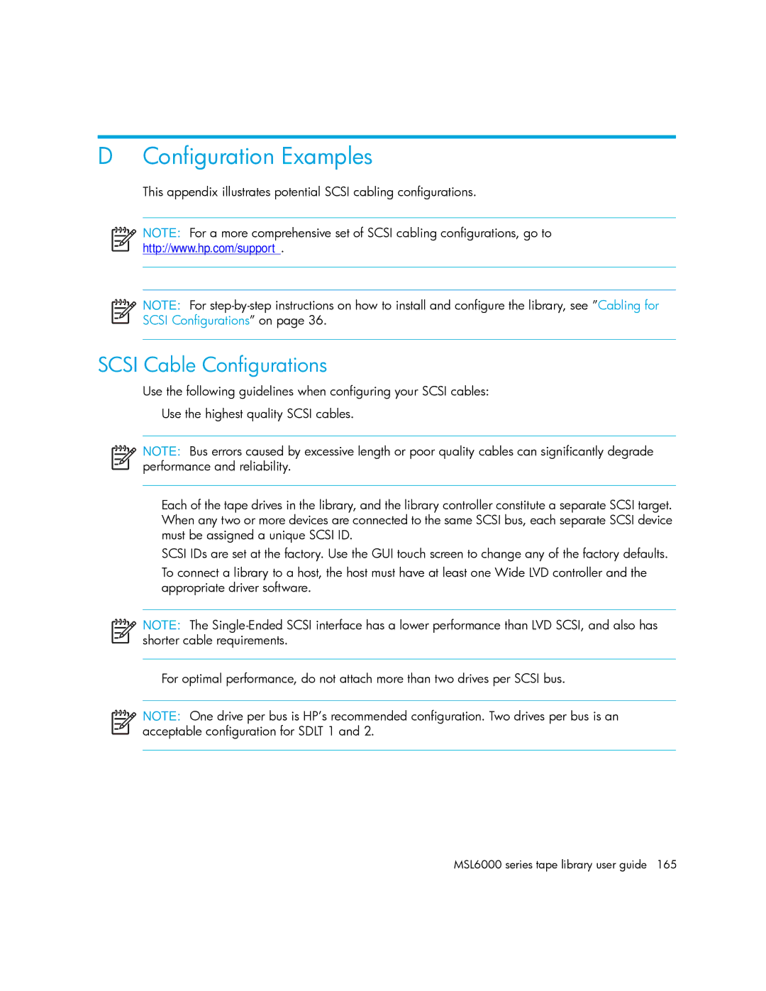 HP MSL6000 manual Configuration Examples, Scsi Cable Configurations 