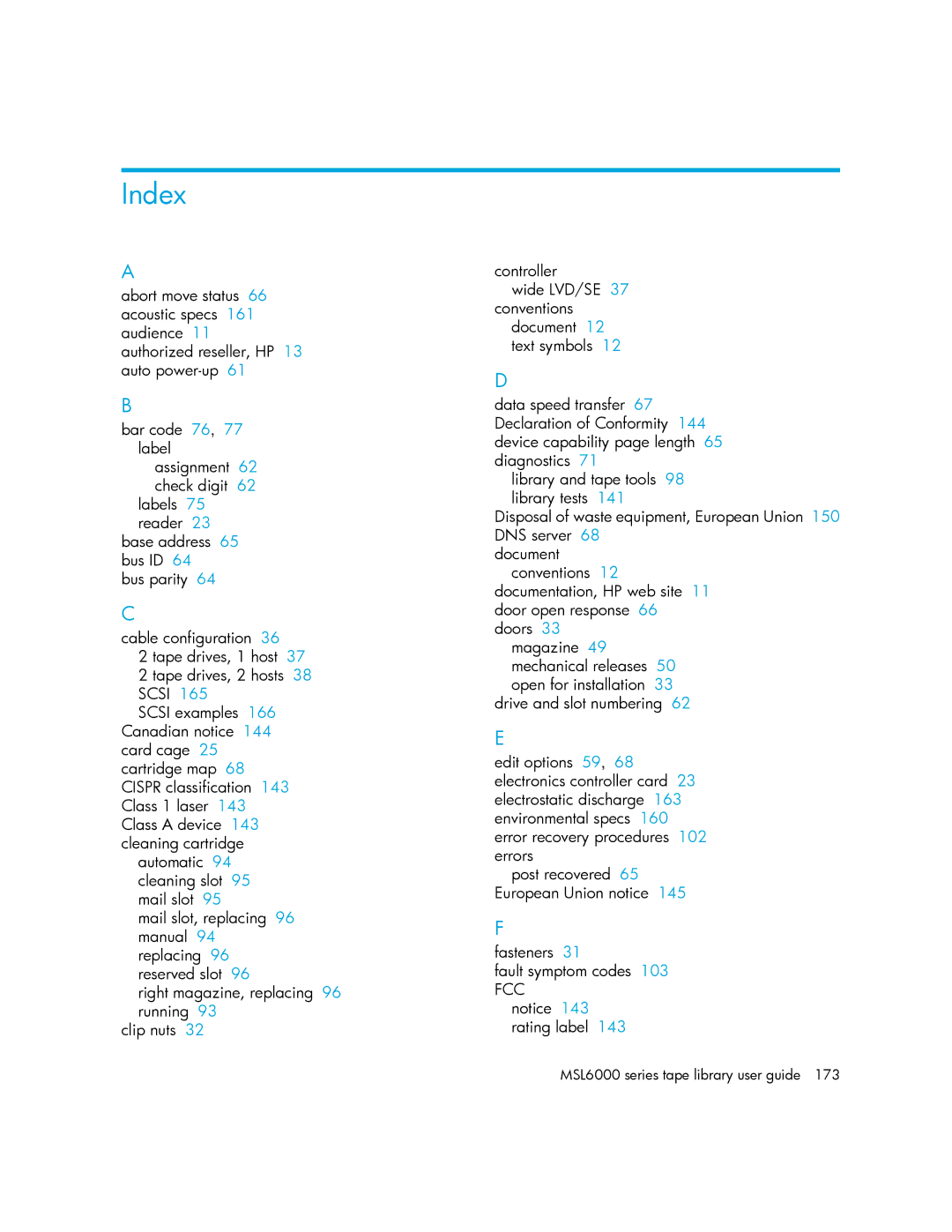 HP MSL6000 manual Index, Fcc 