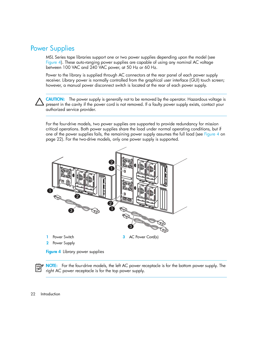 HP MSL6000 manual Power Supplies, Library power supplies 