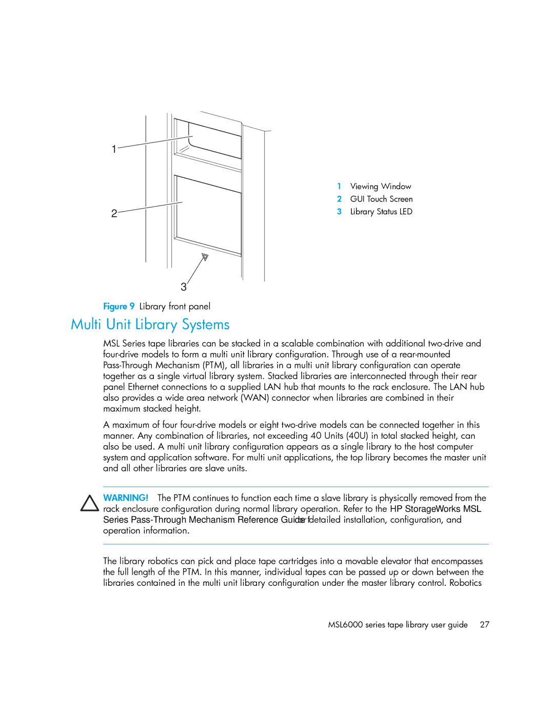 HP MSL6000 manual Multi Unit Library Systems, Library front panel 