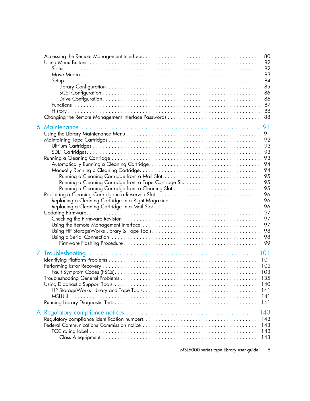 HP MSL6000 manual Maintenance, Troubleshooting, Regulatory compliance notices 