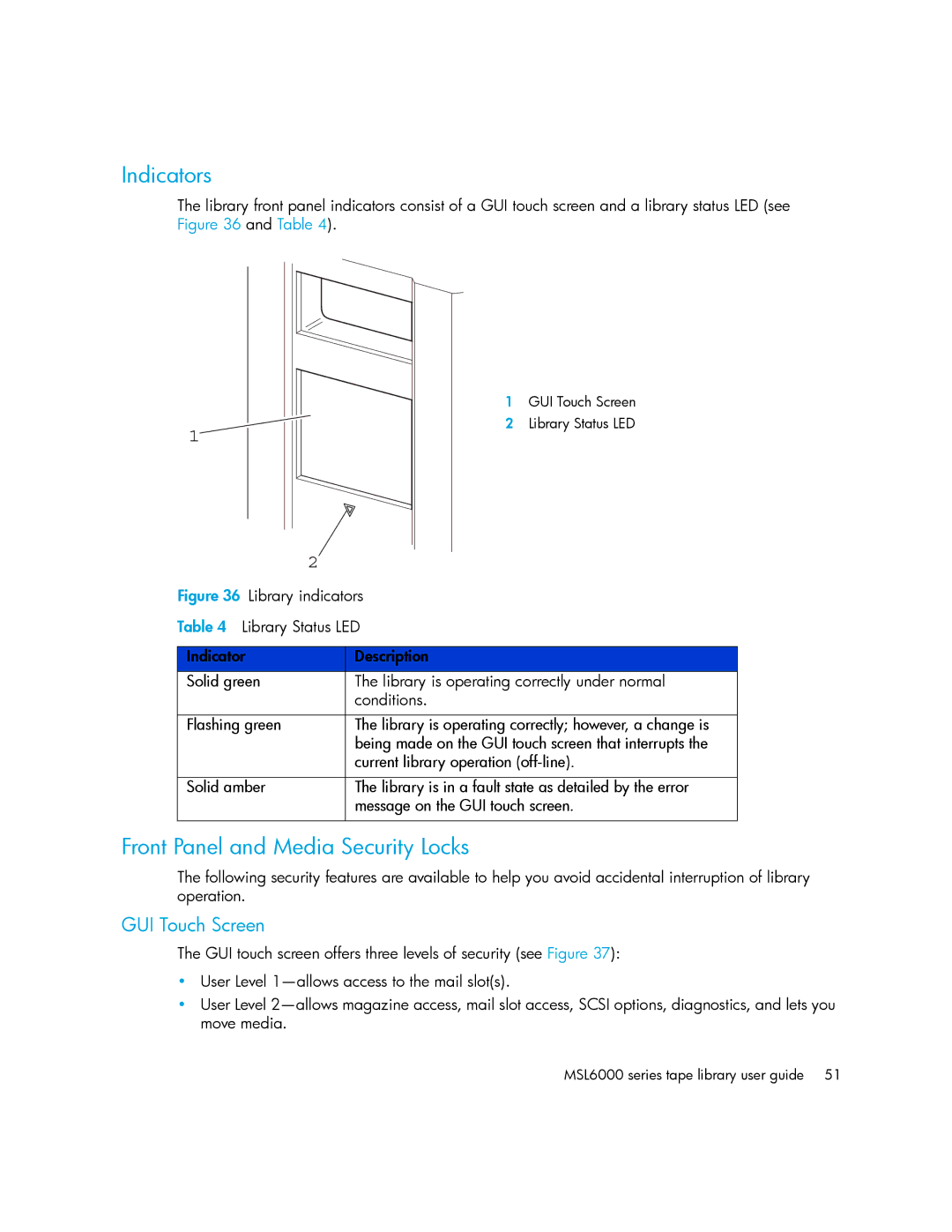 HP MSL6000 manual Indicators, Front Panel and Media Security Locks, GUI Touch Screen 