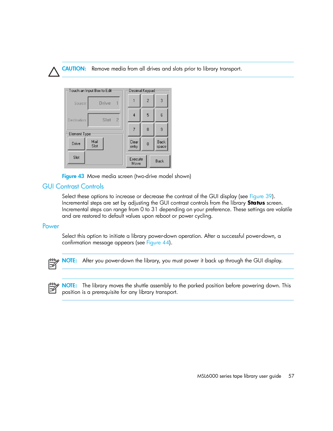 HP MSL6000 manual GUI Contrast Controls, Power 