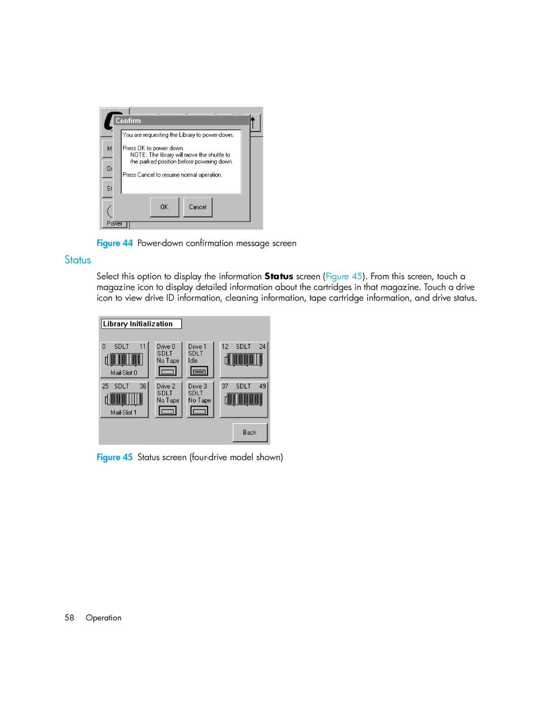 HP MSL6000 manual Status, Power-down confirmation message screen 