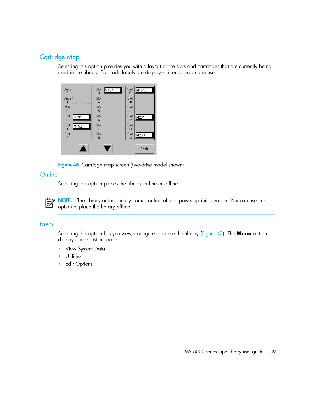 HP MSL6000 manual Cartridge Map, Online, Menu 