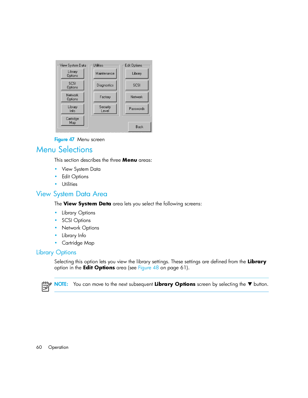 HP MSL6000 manual Menu Selections, View System Data Area, Library Options 