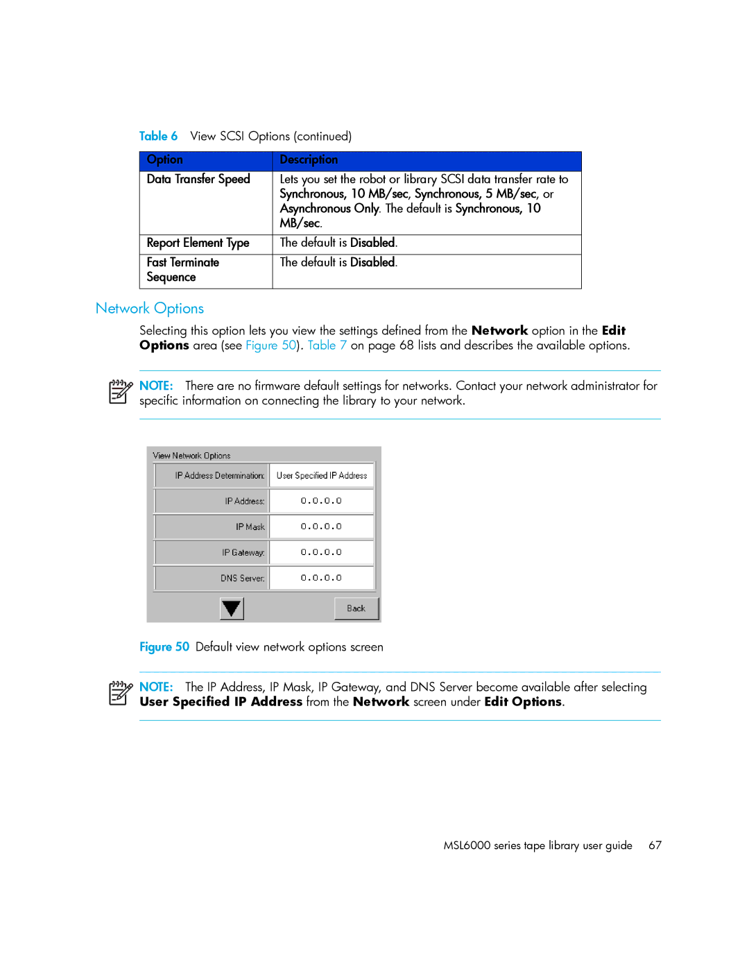 HP MSL6000 manual Network Options, Default view network options screen 