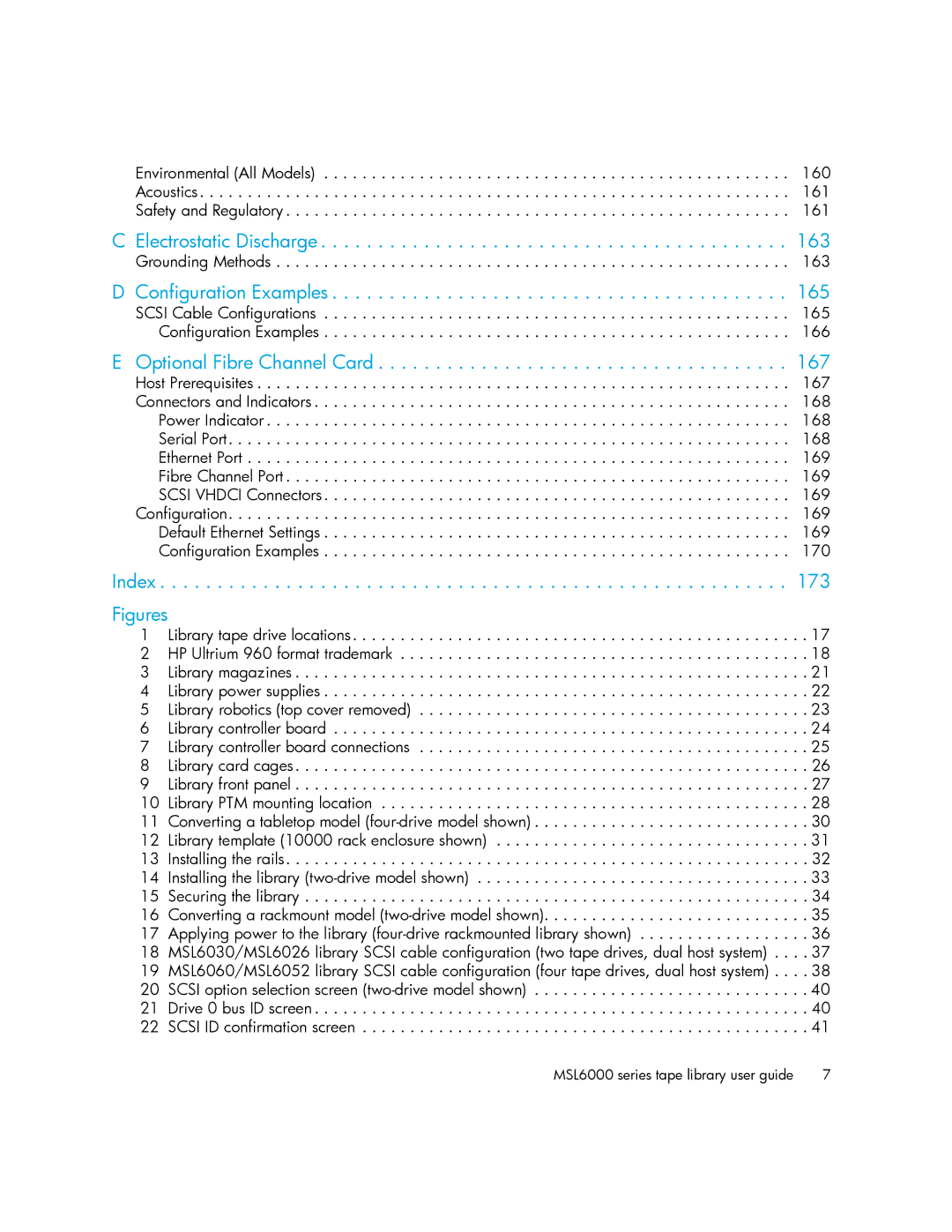 HP MSL6000 manual Electrostatic Discharge, Configuration Examples, Optional Fibre Channel Card, Index Figures 