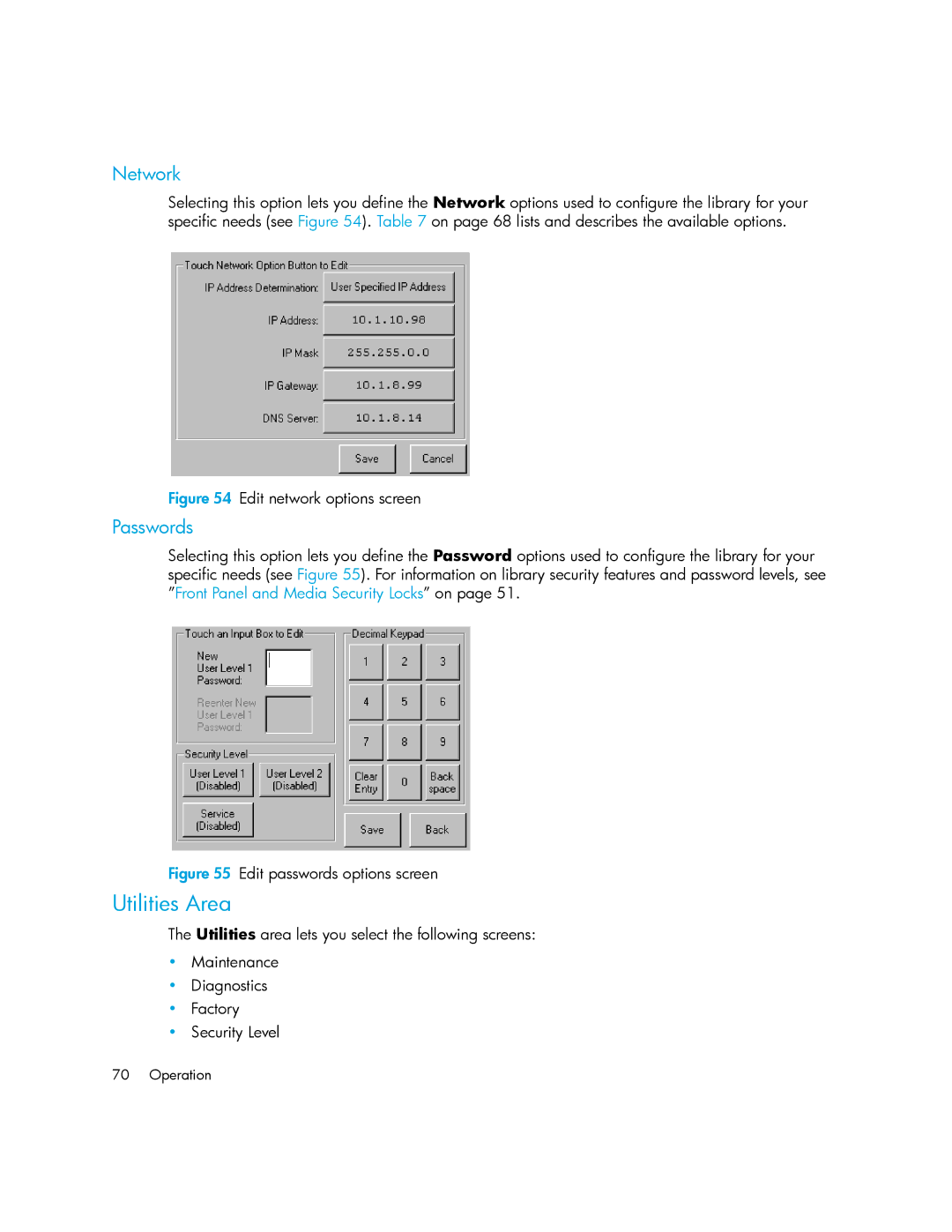 HP MSL6000 manual Utilities Area, Network, Passwords 