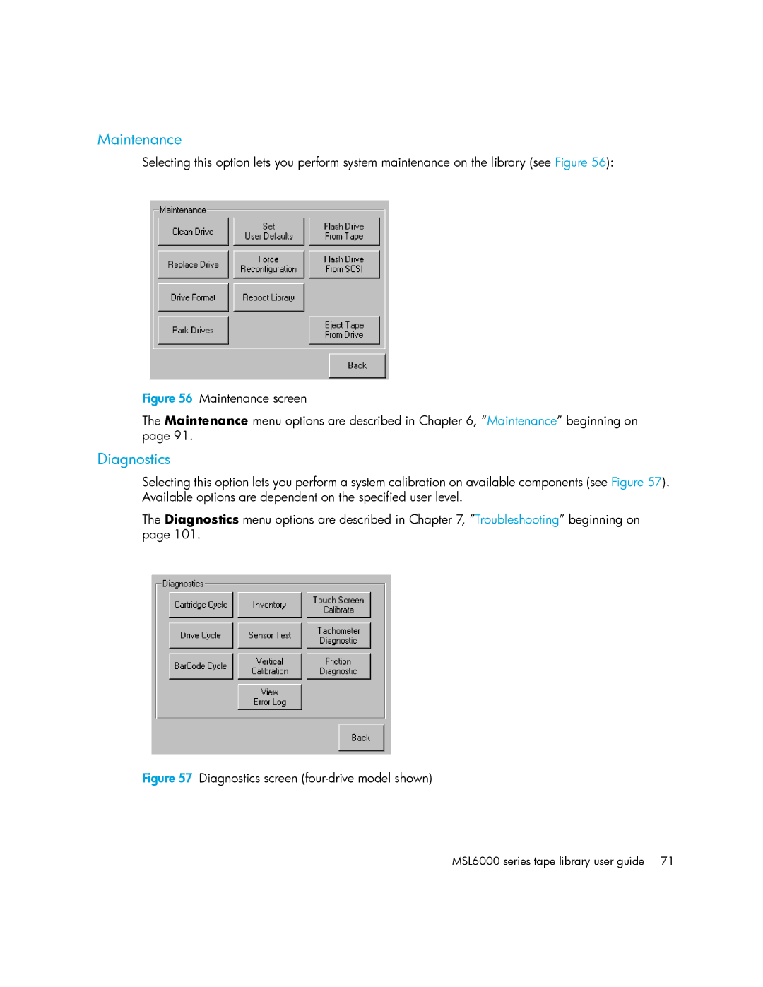 HP MSL6000 manual Diagnostics screen four-drive model shown 