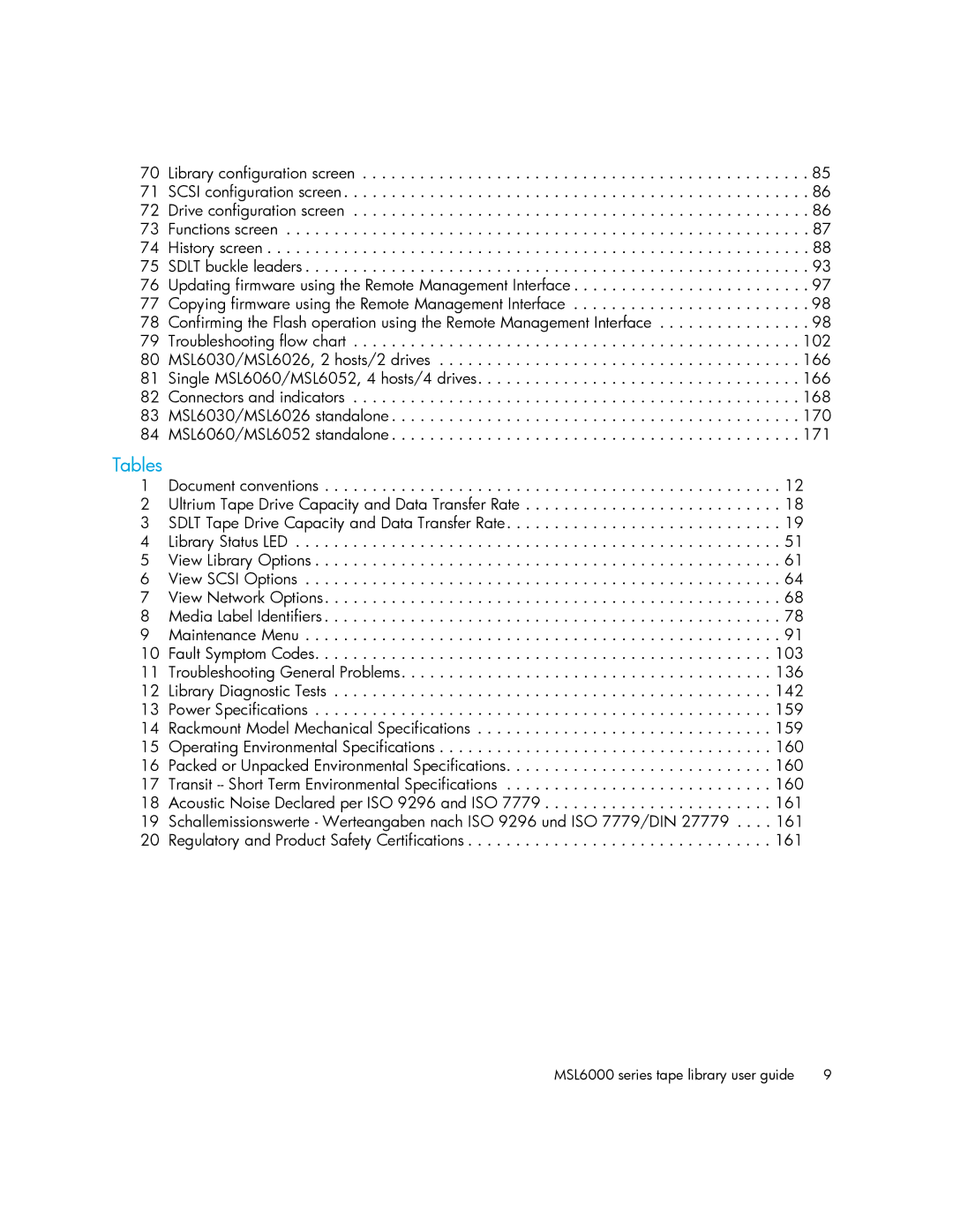 HP MSL6000 manual Tables 