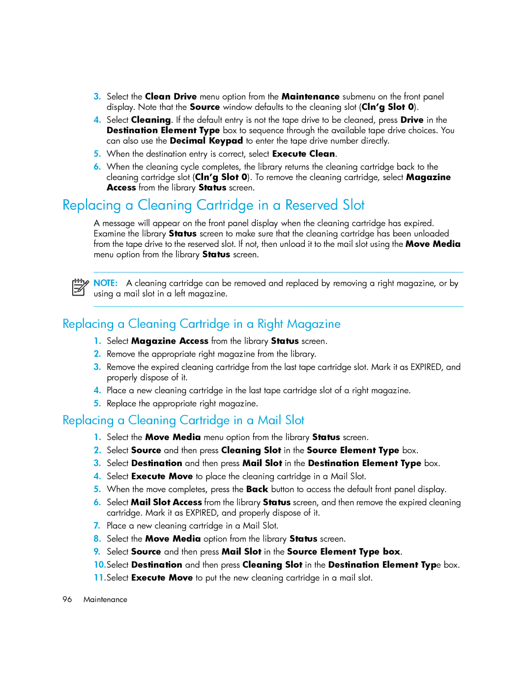 HP MSL6000 manual Replacing a Cleaning Cartridge in a Reserved Slot, Replacing a Cleaning Cartridge in a Right Magazine 