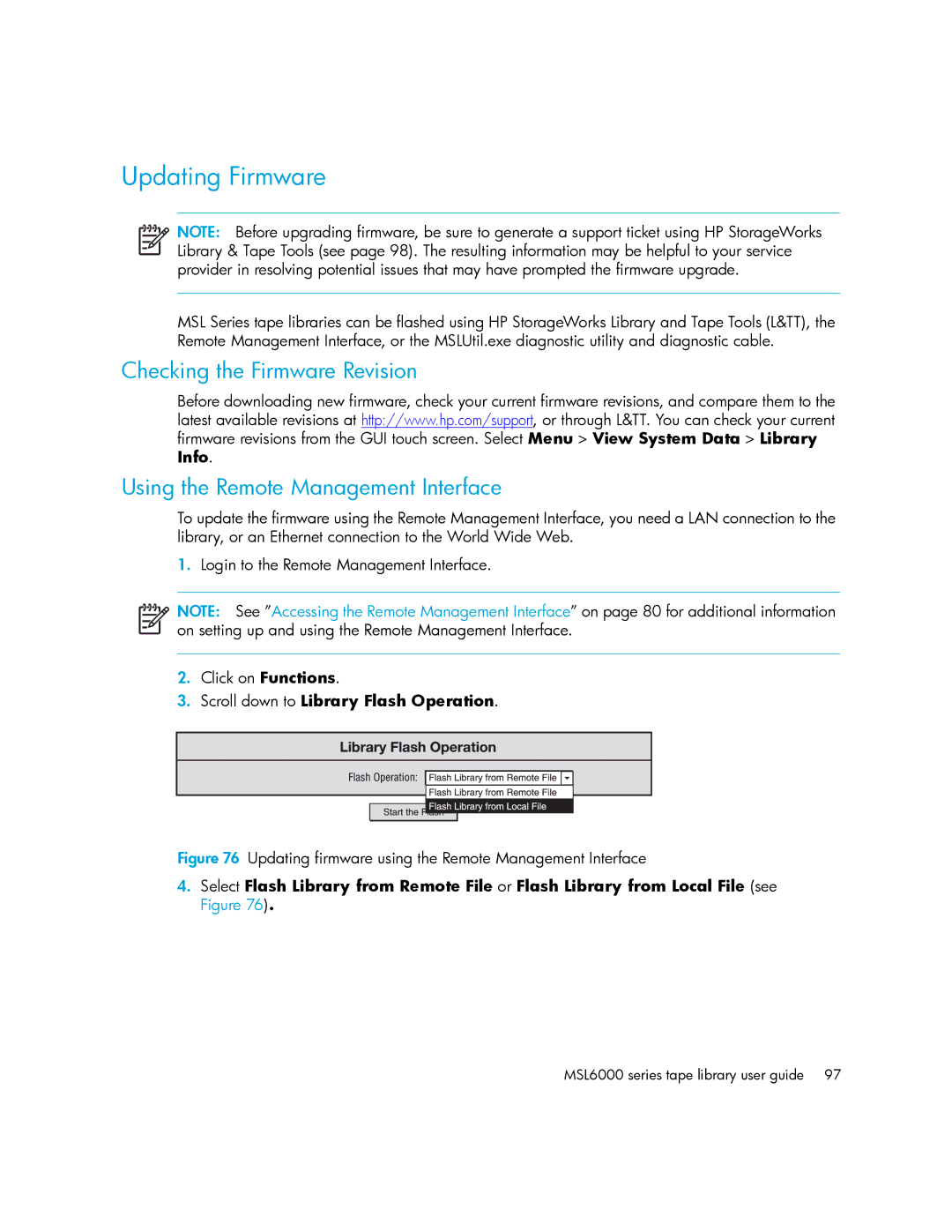 HP MSL6000 manual Updating Firmware, Updating firmware using the Remote Management Interface 