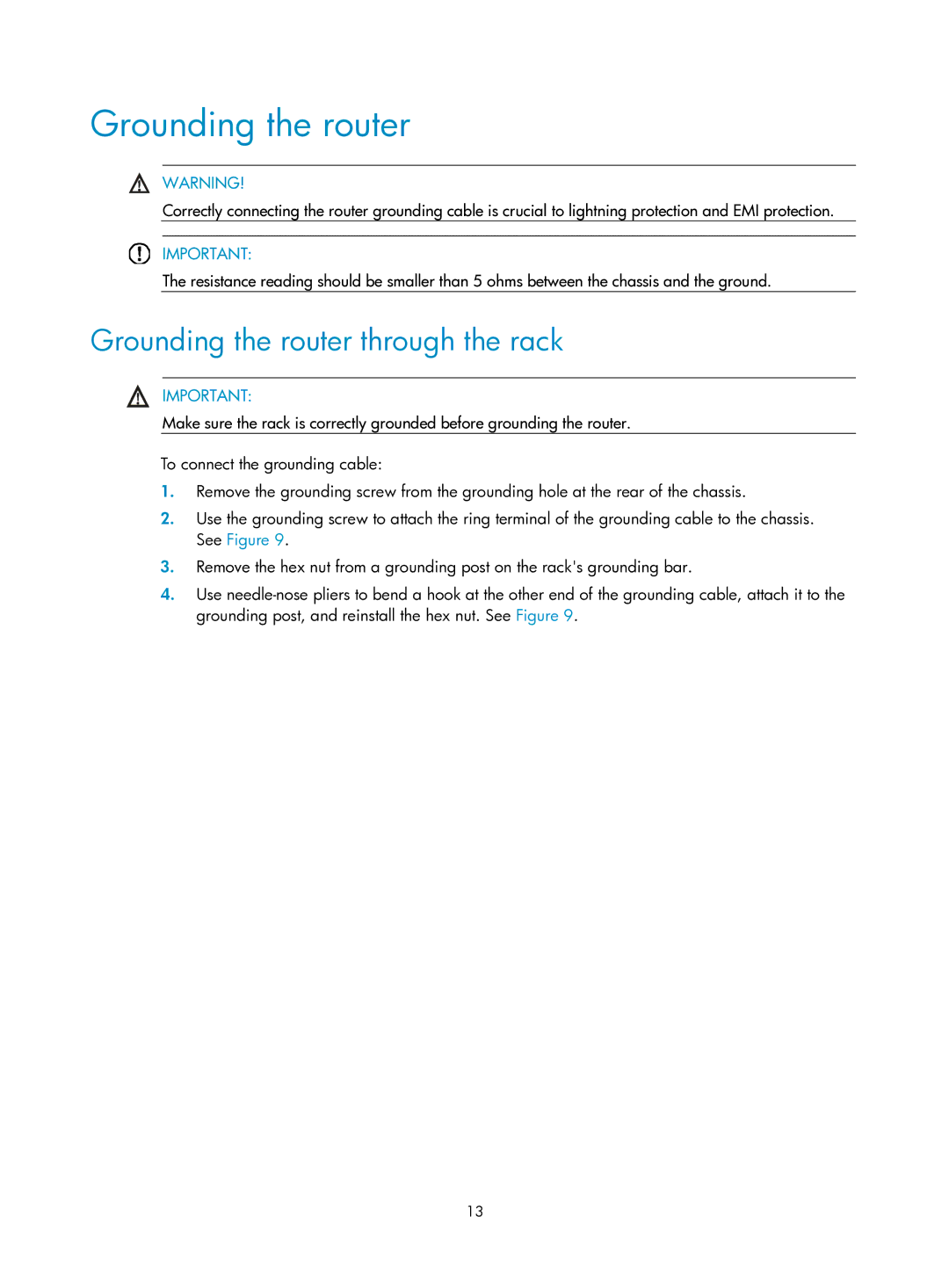 HP MSR1000 Router manual Grounding the router through the rack 