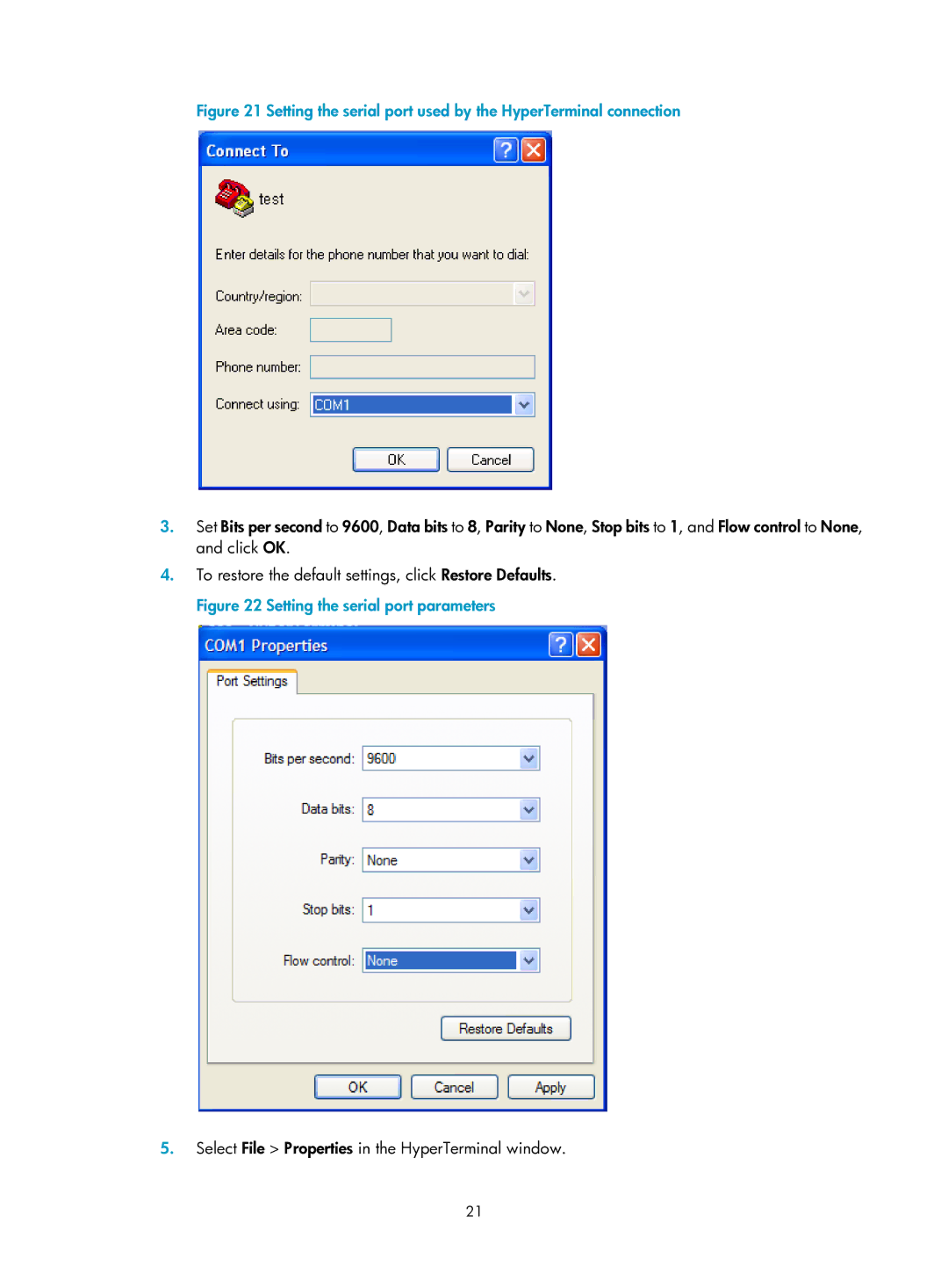 HP MSR1000 Router manual Setting the serial port used by the HyperTerminal connection 