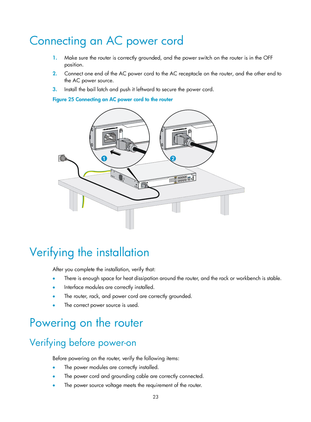 HP MSR1000 Router manual Connecting an AC power cord, Verifying the installation, Powering on the router 