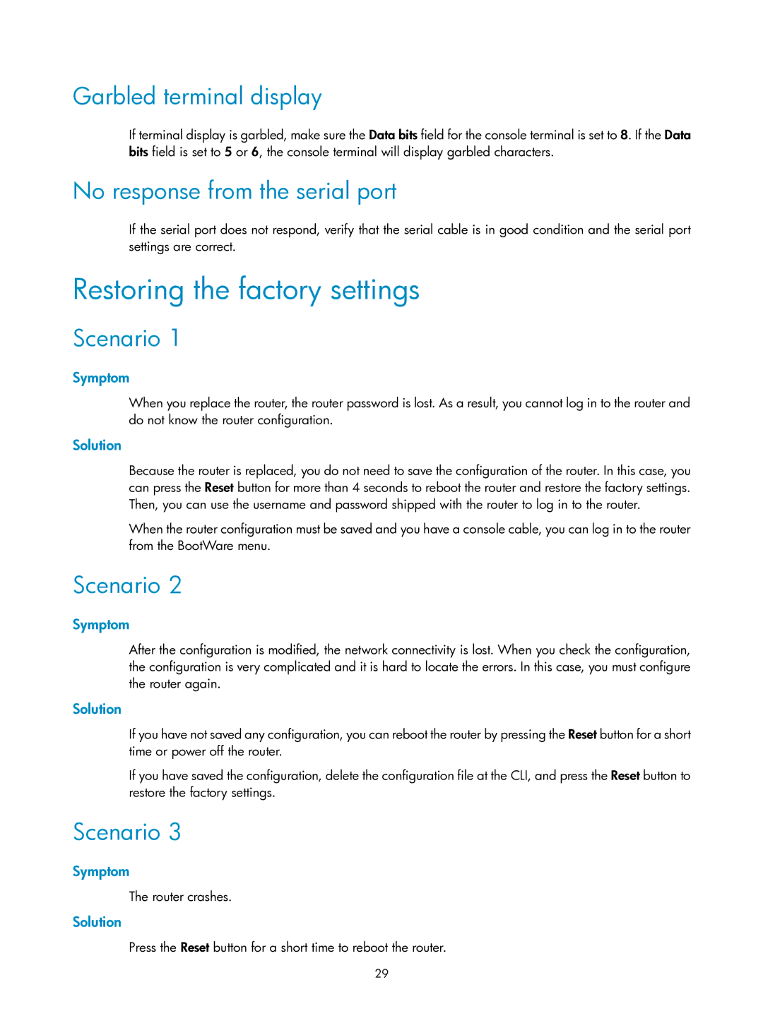 HP MSR1000 Router Restoring the factory settings, Garbled terminal display, No response from the serial port, Scenario 