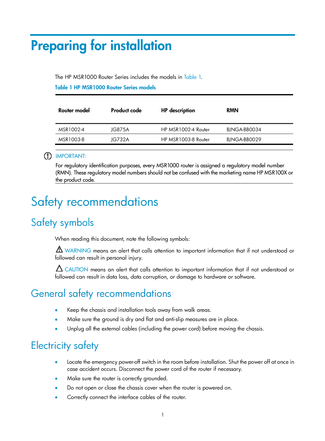 HP MSR1000 Router manual Preparing for installation, Safety recommendations, Safety symbols, General safety recommendations 