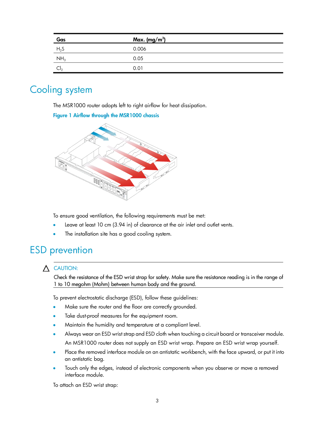 HP MSR1000 Router manual Cooling system, ESD prevention 