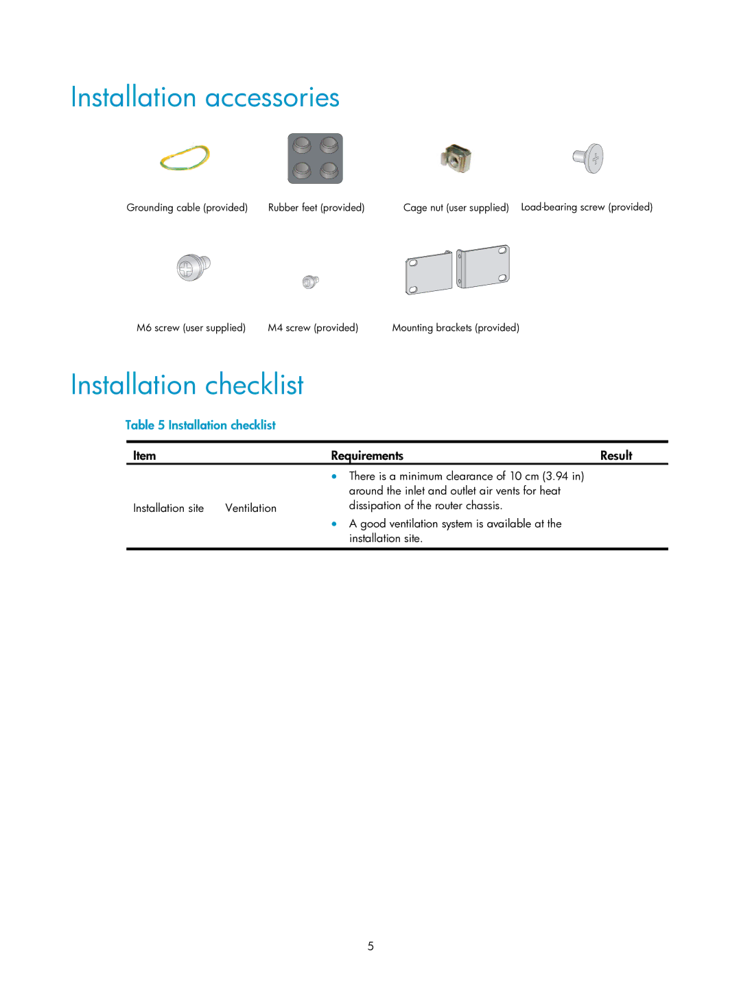 HP MSR1000 Router manual Installation accessories, Installation checklist, Requirements Result 