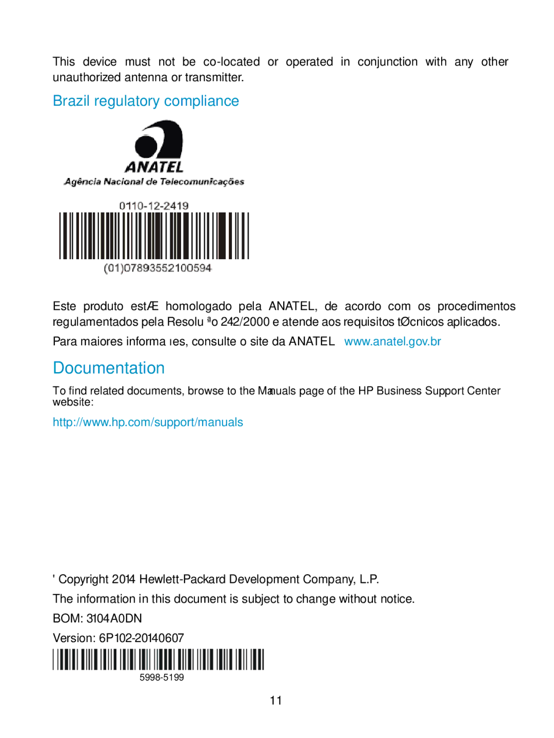 HP MSR3000 Router manual Documentation, Brazil regulatory compliance 