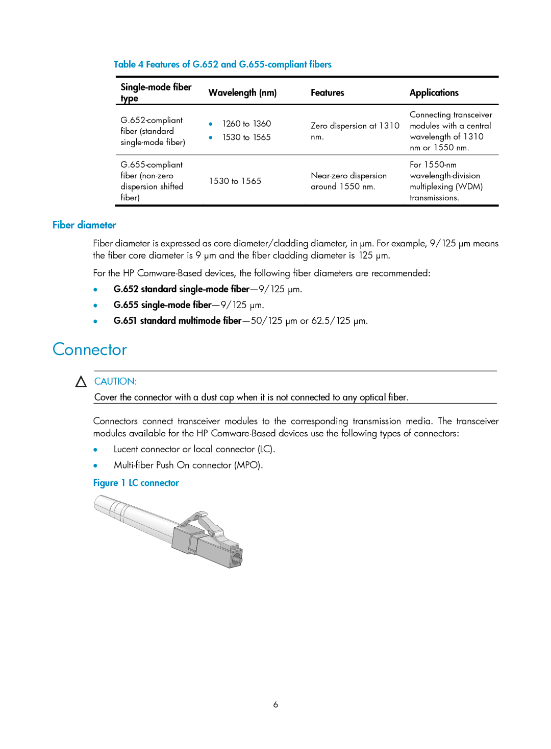 HP MSR50 manual Features of G.652 and G.655-compliant fibers, Single-mode fiber Wavelength nm Features Applications Type 