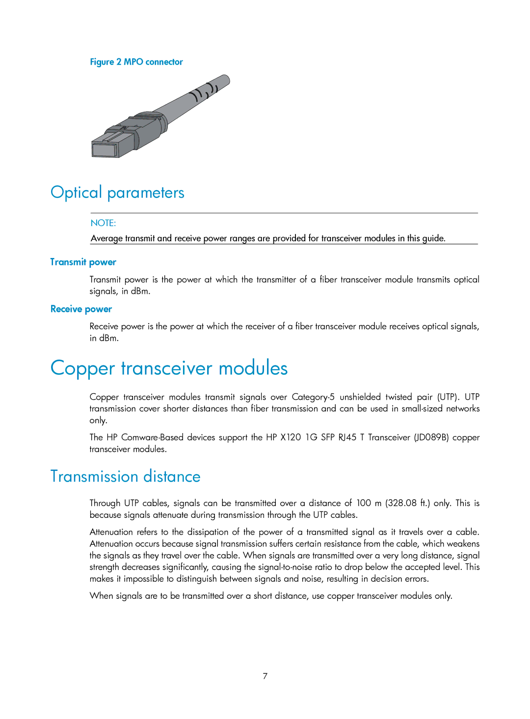 HP MSR50 manual Copper transceiver modules, MPO connector 