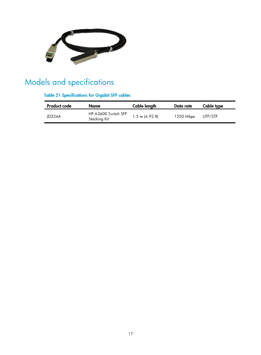 HP MSR50 manual Specifications for Gigabit SFP cables, Product code Name Cable length Data rate Cable type 