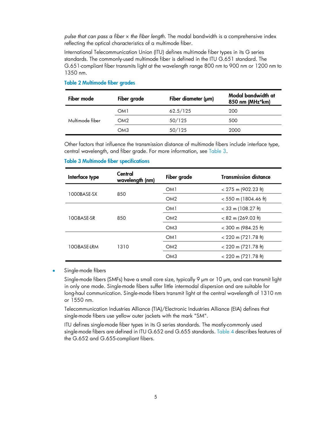 HP MSR50 manual Multimode fiber grades, Multimode fiber specifications 