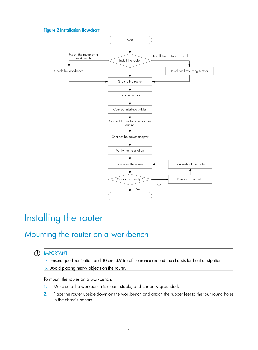 HP MSR93x Router manual Installing the router, Mounting the router on a workbench 