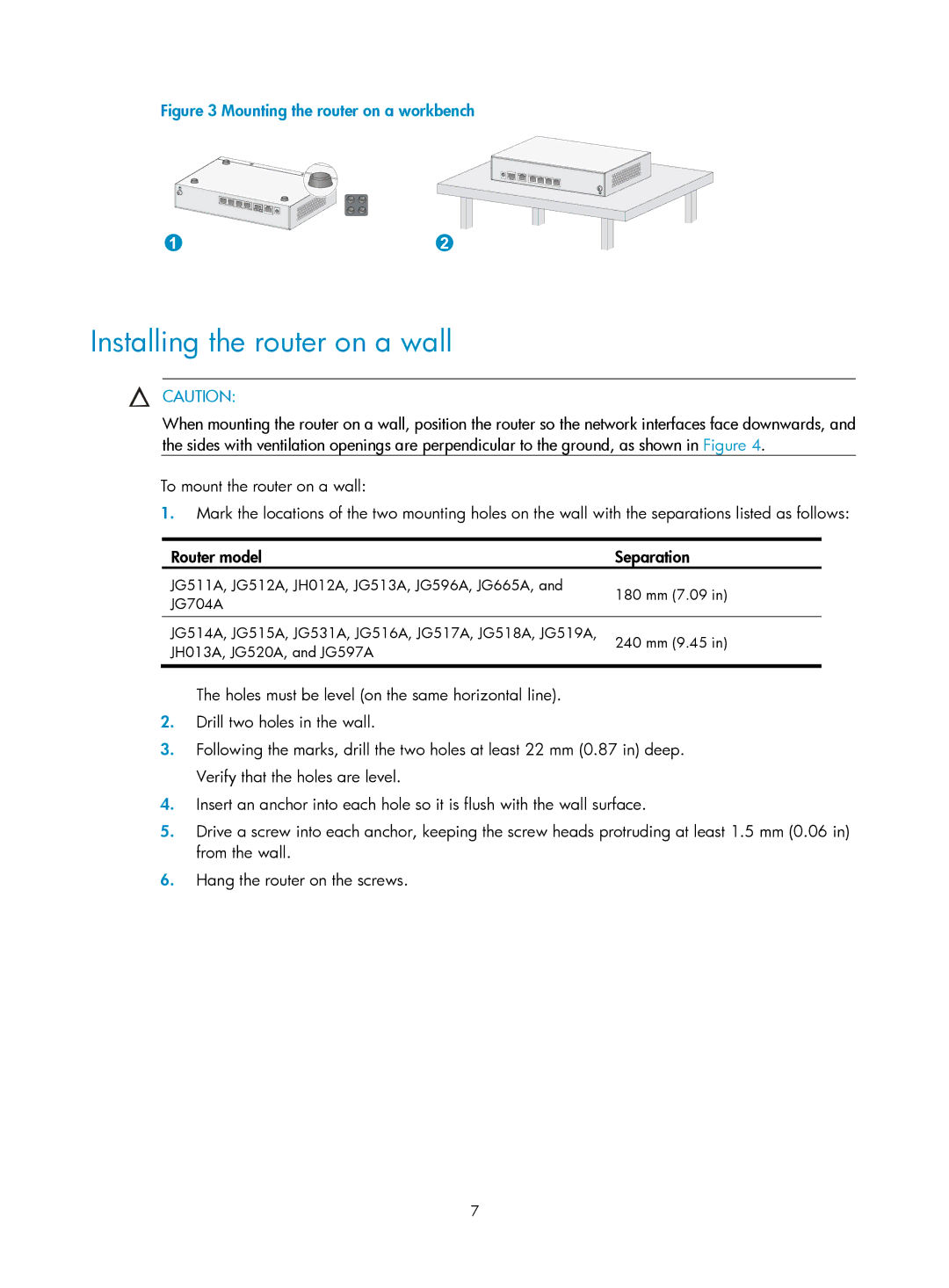 HP MSR93x Router manual Installing the router on a wall, Mounting the router on a workbench 