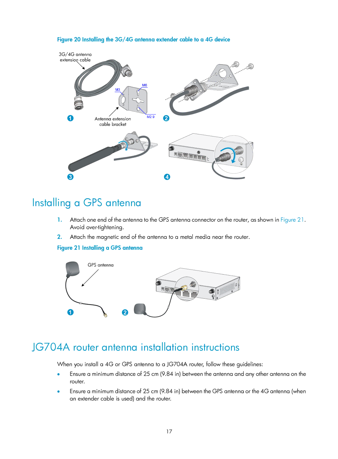 HP MSR93x Router manual Installing a GPS antenna, JG704A router antenna installation instructions 