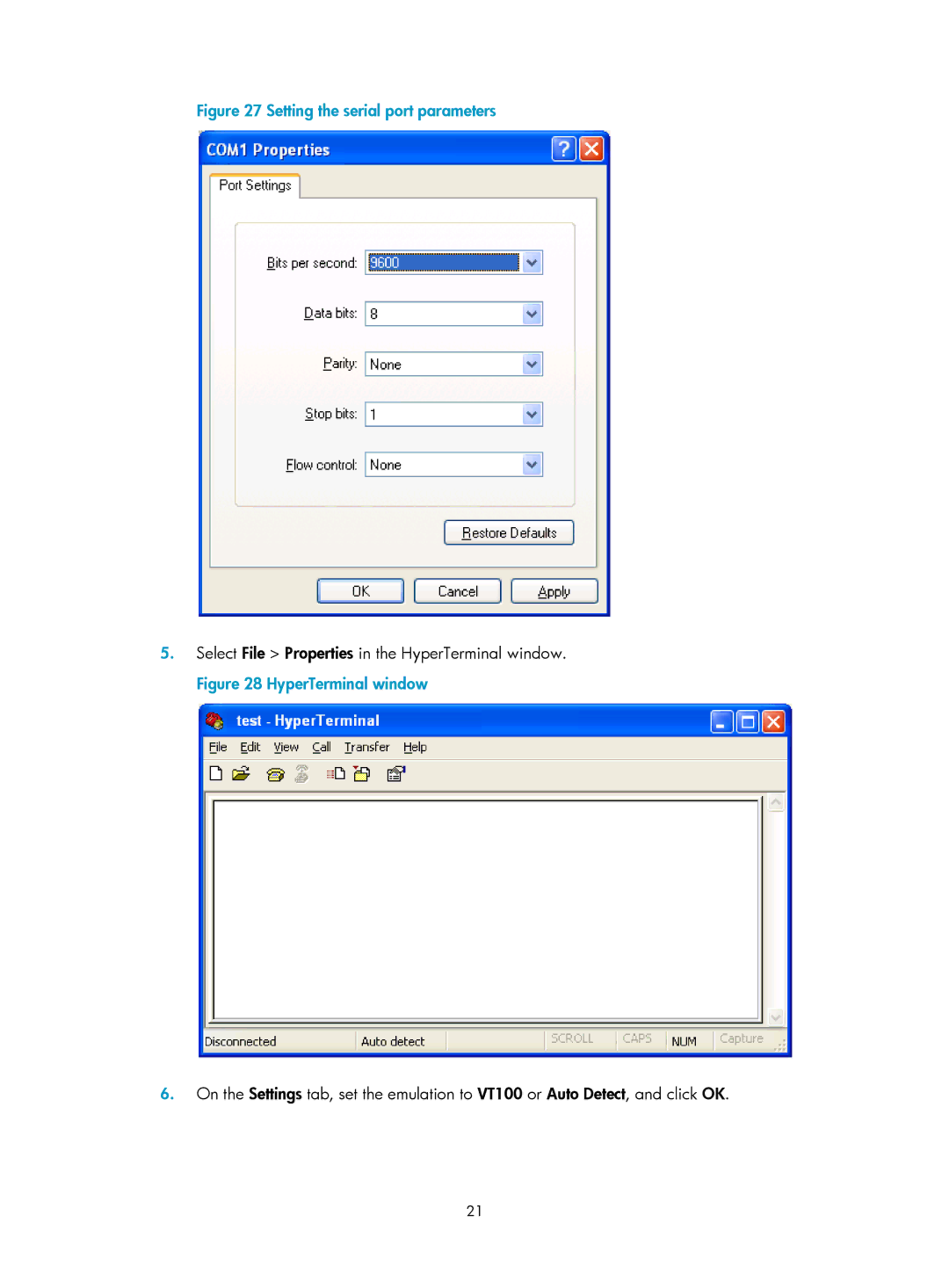 HP MSR93x Router manual Setting the serial port parameters 