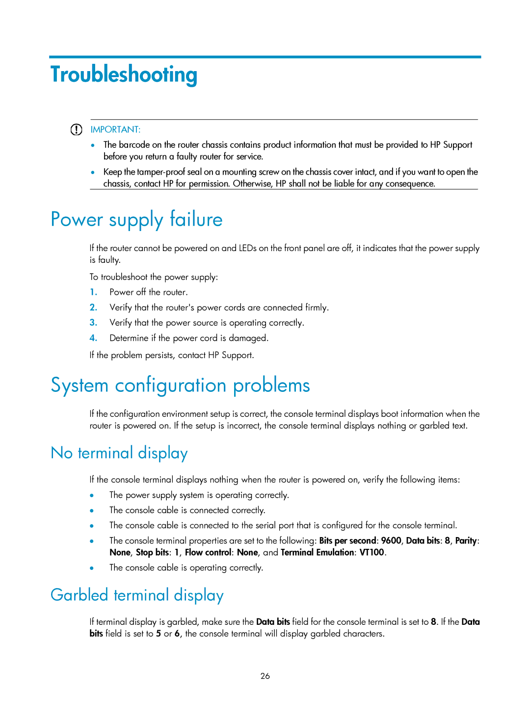 HP MSR93x Router manual Power supply failure, System configuration problems, No terminal display, Garbled terminal display 