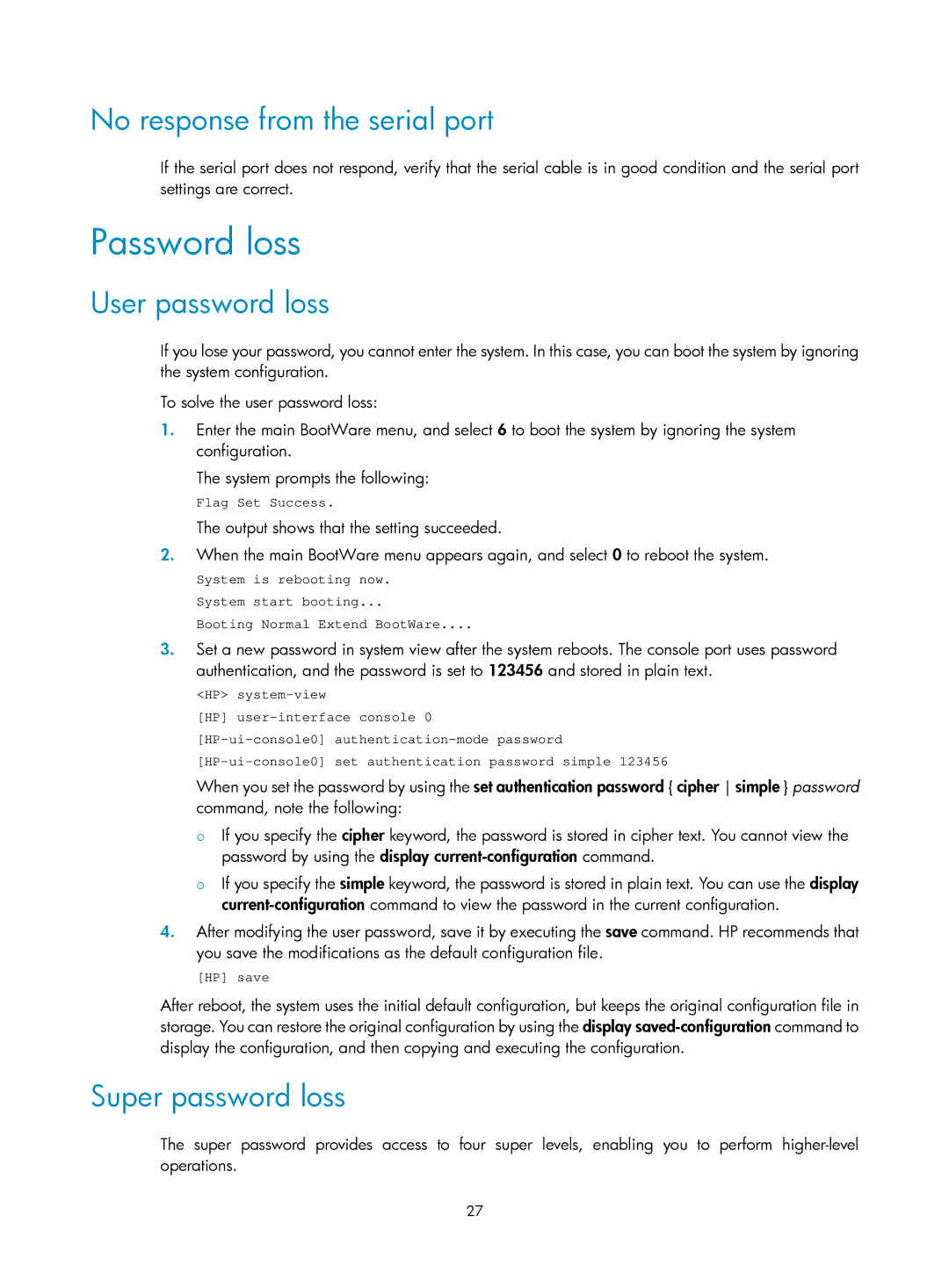 HP MSR93x Router manual Password loss, No response from the serial port, User password loss, Super password loss 